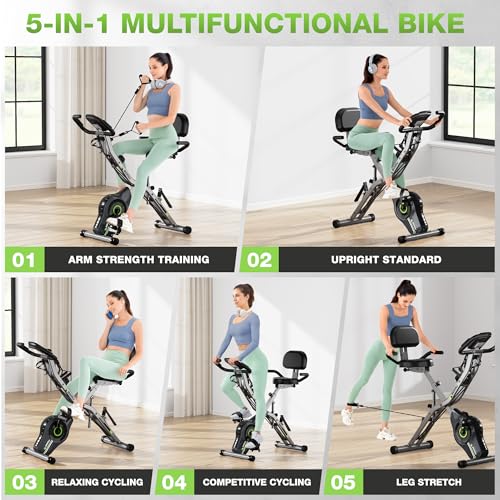 Image of Exercise Bike, 5 in 1 Foldable Stationary Bike for Seniors, 16-Level Adjustable Magnetic Resistance, Indoor Workout Bike with 330LB Capacity, Comfortable Seat Backrest X-bike
