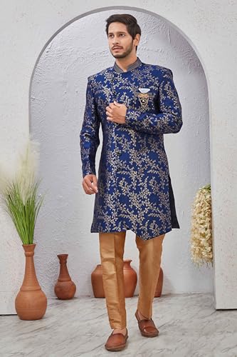 Image of Indian Designer Wedding Festive Wear Jacquard Indo-Western Sherwani Pajama Set For Men