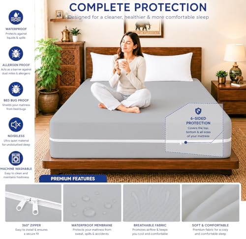 Image of ARLinen Waterproof Mattress Protector Cover Single Size with Zipper - 6 Sided Bed Bug Proof Encasement, Dustproof & Breathable Fabric, Fits 36x72x6 Inch Mattress, Silver