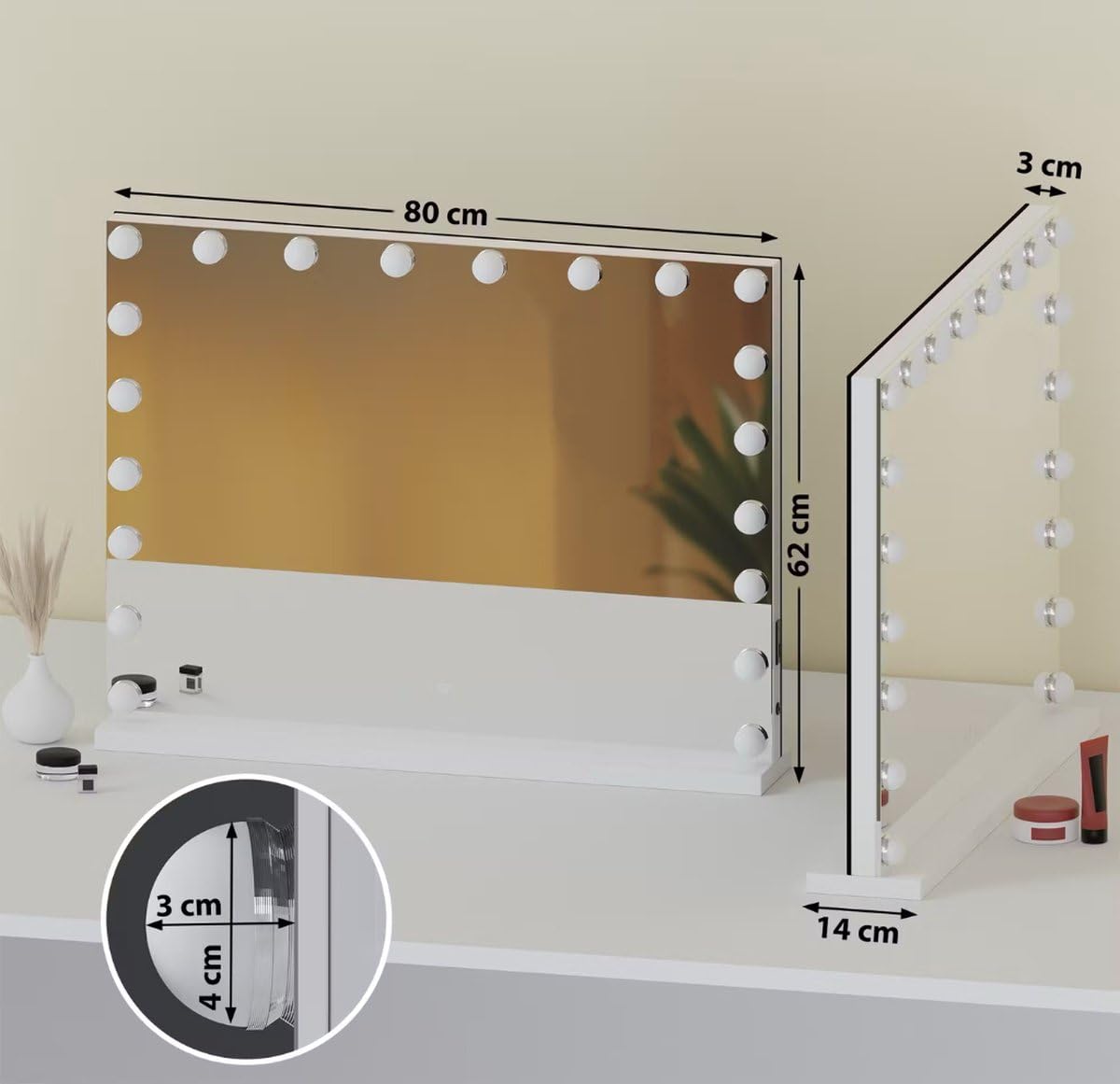 SensaHome Vanity Mirror Pro – Hollywood-Schminkspiegel mit 15 dimmbaren LED-Lampen, 3 Lichtmodi, 80 x 60 cm – Weiß