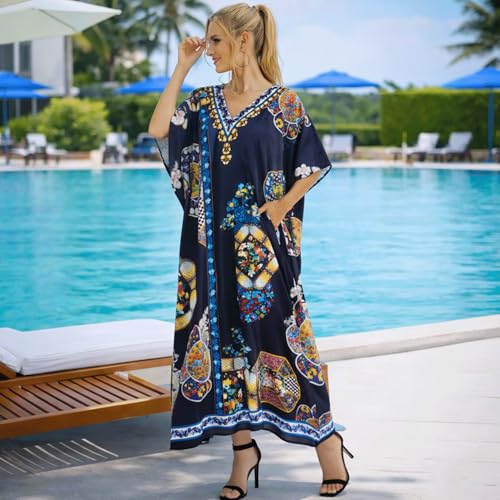 Image of Miss Lavish London Navy Kaftan Dresses for Women V Neck Batwing Sleeve Beach Vacation Bikini Swimsuit Cover Ups, Ethnic Print Plus Size African & Pockets, Resort Wear Cruise Coverup-Navy-S