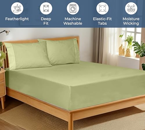 Image of Royale Linens 100% Organic Cotton Fitted Sheet - Percale Weave - Super Soft Deep Pocket Bottom Sheets - Sage Green Elastic Sheet Twin XL Size - Twin XL Fitted Sheets Only - (39 inchx80 inch+15 inch, Sage Green)