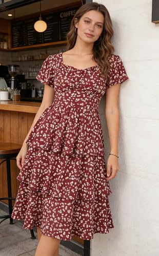 Image of Belle Poque Women's Vintage Square Neck Dress 2026 Summer Short Sleeve Layered Tiered Ruffle A-line Swing Midi Dress