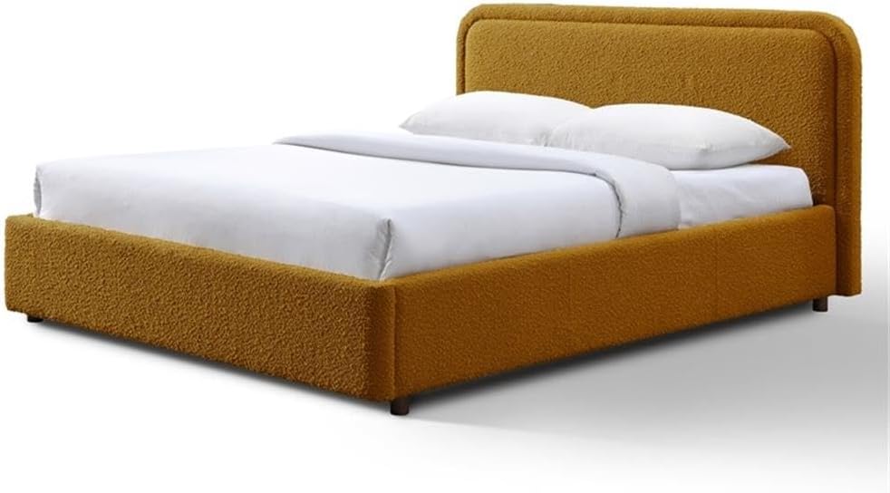 BOWERY HILL Upholstered Queen Platform Bed, Mustard Boucle Fabric, Solid Wood Legs with Slat Base, Modern Rounded Headboard, 39.4" H x 70.1" W x 86.2" D, Contemporary Bedroom Furniture