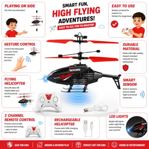 Image of RC Helicopter with Hand Gravity Sensor for Kids 4+, Flying Remote Control Helicopter Toy, Chargeable with Safety Sensor, Indoor Outdoor Play, for Boys & Girls - Pack of 1 (BlackRed)
