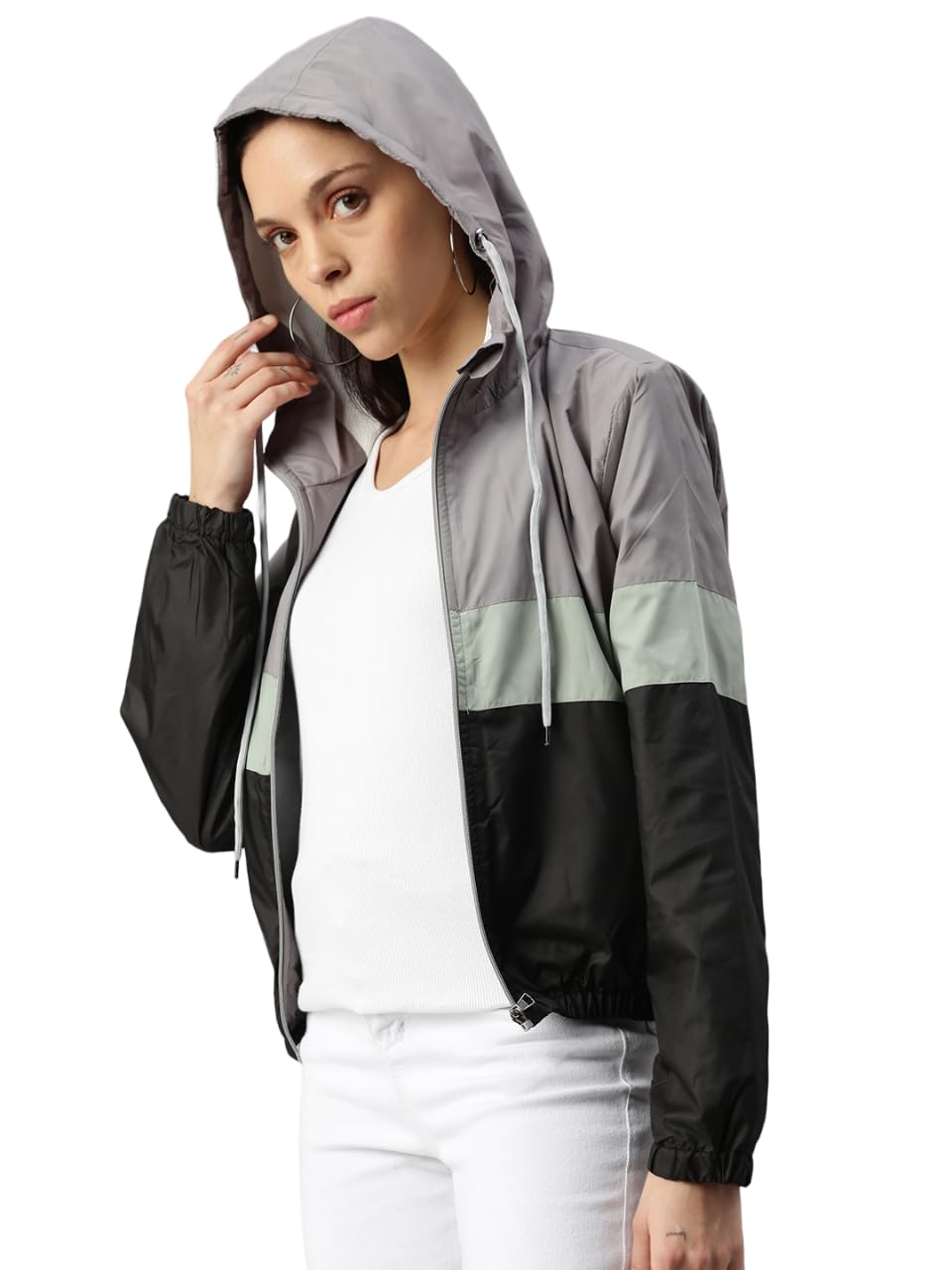 Oversized Colour Block Crop Hooded Windbreaker Jacket-image-3