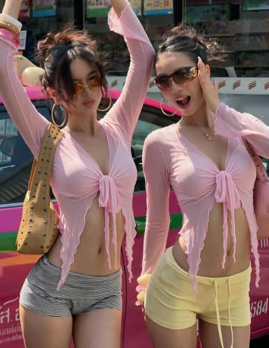 Image of Avidlove Women Mesh Crop Top Y2K Tie Front Tops Rave Top Sheer Cardigan Sexy V Neck Outfits S-2XL