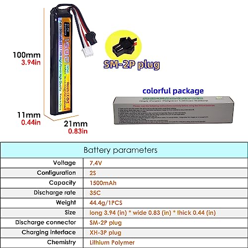 PUOO 7.4V 35C 1500mAh SM-2P Plug Lithium Battery with T Plug Odamiya Plug and USB Charging Cable for Airsoft Model Guns Rifles Remote Control Cars Drones