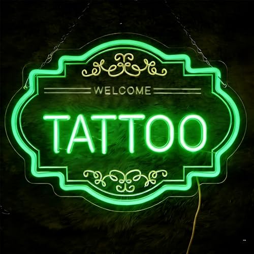 Image of Tattoo LED Neon Sign, 14 x 11 In Dimmable Light Up Wall Decor | USB Powered Dimmable Light up Tattoo Signs Decor for Bussiness Shop Studio & Salon, Gift for Artists, Include Hanging Chain