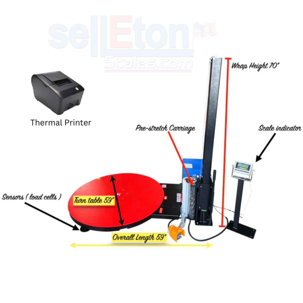 SellEton SL-7100-W60 Turntable Pallet Wrapping Machine, Industrial Wrapper Palllet with Built-in Scale & Thermal Printer 3500 lb Capacity