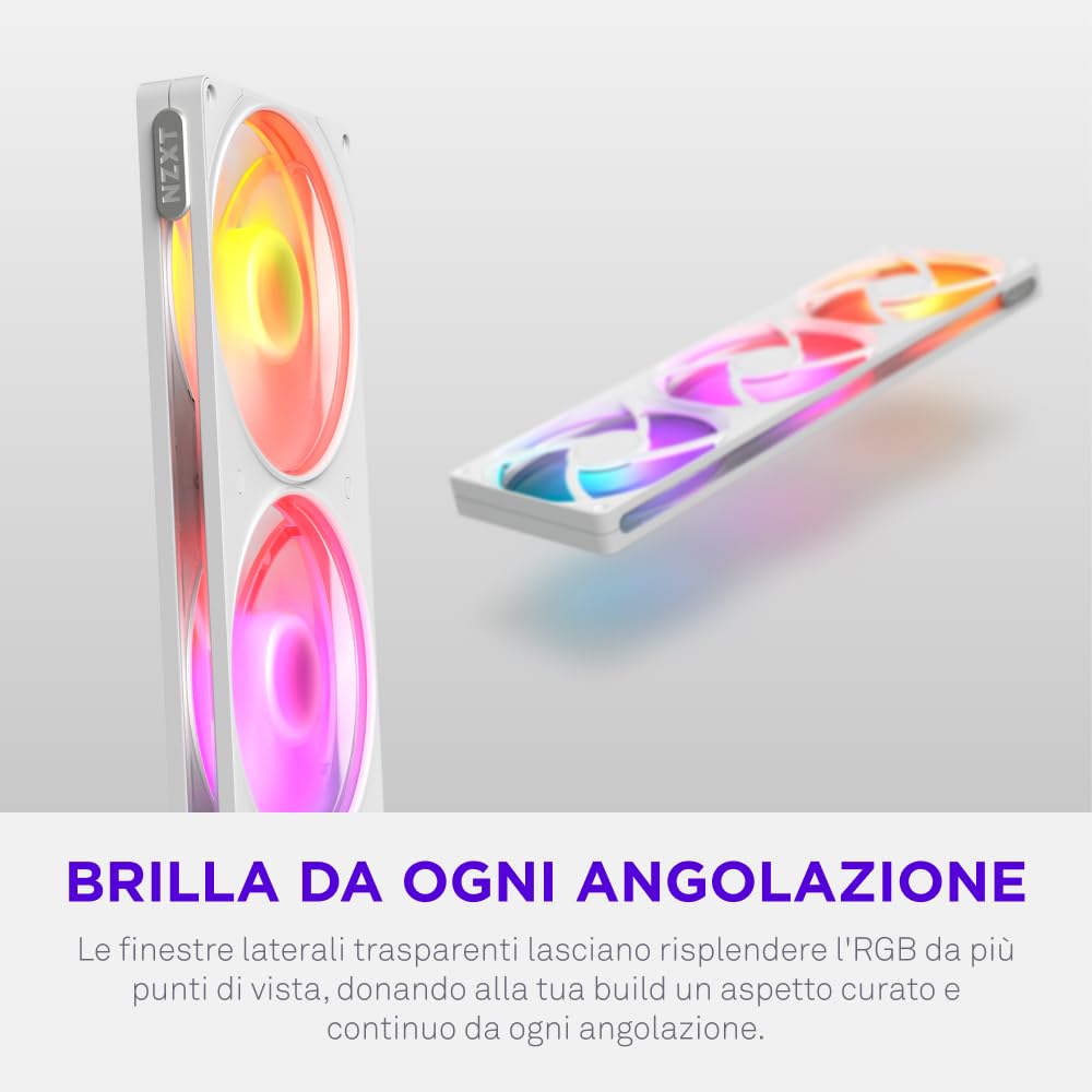 NZXT F420 RGB - Ventola RGB PWM Monoscocca 420mm - Bianco | Unità monoscocca 420mm con tre ventole RGB PWM 140mm. RGB vivace e cuscinetti fluidodinamici per raffreddamento silenzioso.