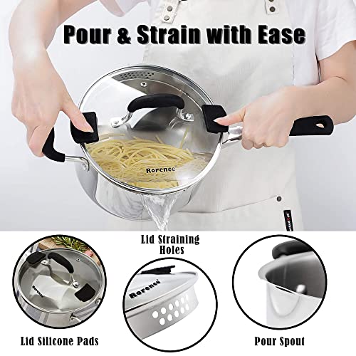 Rorence 3.7 Quart Saucepan With Glass Lid: Stainless Steel Sauce Pan With Two Sides Pour Spout & Riveted Silicone Handles & Build-In Strainer Tempered Glass Cover … #TOP4