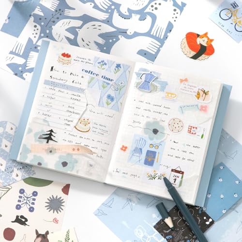 Image of WEMOL Vintage Journal Scrapbook Pack Kit for Art Journaling Bullet, Planners DIY Paper Stickers, Craft Kits Notebook, Collage Album Aesthetic Sticker (Sky Blue)