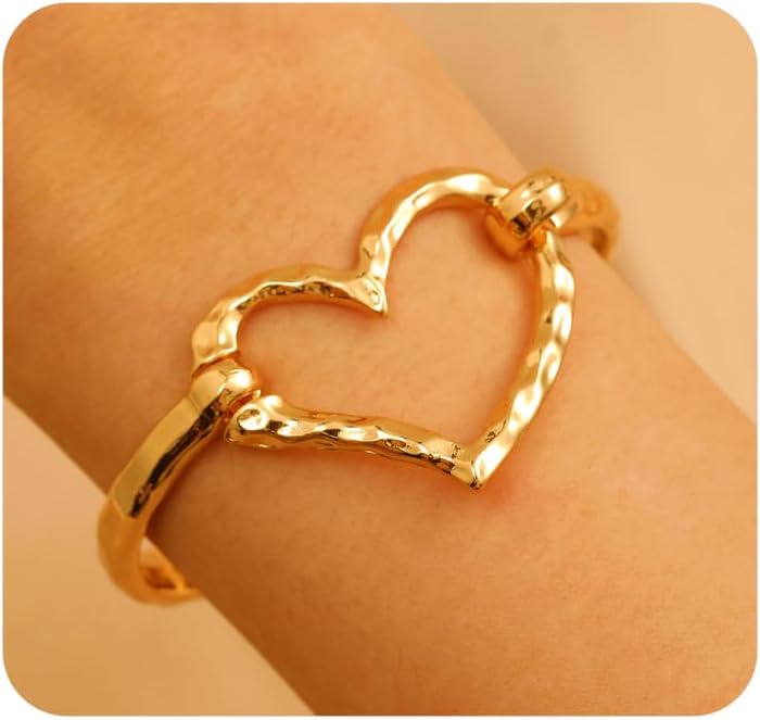 GIGB PBDK Chunky Silver Large Heart Bracelet for Women Fashion Adjustable Hammered Love Statement Bangles Simple Heart Bracelets Valentines Gift Unique Jewelry