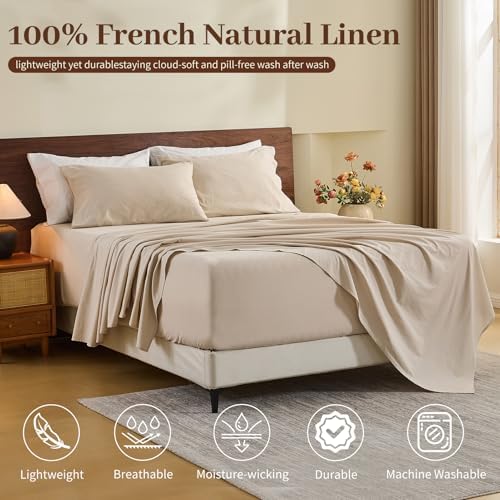 MEISHANG 100% French Pure Linen Sheets Queen Size - Bed Sheets 4 Piece Sets, Soft Durable Flax Linen, Anti-Tear Breathable Oeko-Tex Certified with 16" Deep Pocket (Linen) - Thumbnail 3