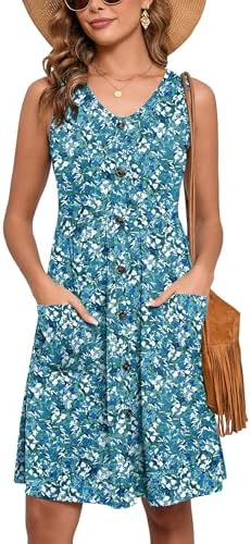 Heymoments Women's Summer Dresses Sleeveless Casual Fashion Loose Swing Button Down Beach Dress with Pockets