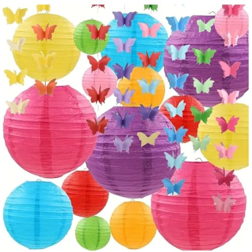 Image of Wanna Party 7 Pcs Colorful Paper Lanterns with 3D Butterflies - Hanging Decoration Set for Birthday, Baby Shower, Valentine's Day, Wedding & Party Celebrations