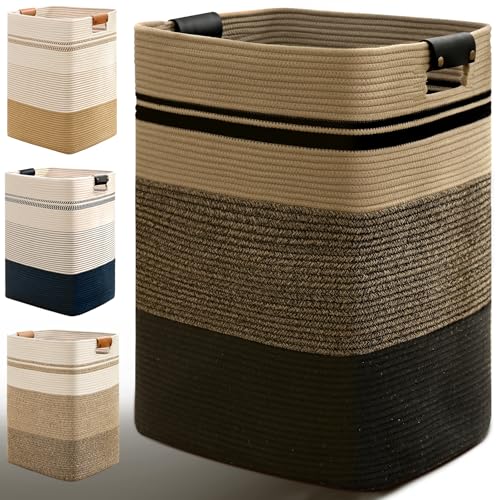 Image of Laundry Hamper, 105L Tall Laundry Basket with Leather Handles, Rectangle Large Clothes Hamper for Organizing, Cotton Woven Laundry Baskets Storage Hampers for Bedroom, Nursery, Living Room