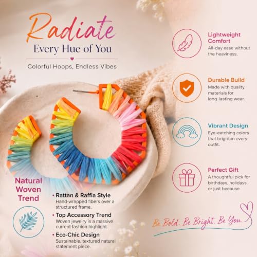 Image of Young & Forever Boho Rainbow Raffia Earring Pack - Handmade Woven Straw Geometric C-Hoop, Heart & Statement Drop Earrings for Women, Summer Beach Vacation Jewelry