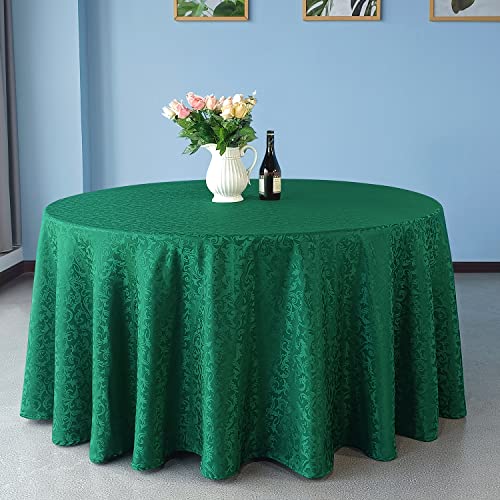 Trimming Shop 120" Round Damask Table Cloth Scrolled Leaves Pattern, Green Circular Linen Table Cover for Banquet Christmas