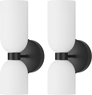 Tipace Black Wall Sconces Set of Two,Modern Bathroom Sconce with Milky White Glass,Hardwired Wall Light Fixtures for Bathroom Living Room Bedroom Hallway,E12 Base(Bulbs Not Included)