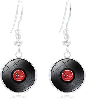 Red Vinyl Record Dangle Earrings for Women 80's Vintage Retro Long Black Player DJ Music Metal Phonograph Album Big Circle Hook Earrings for Goth Punk Style Rock Hip Hop Jewelry Gifts
