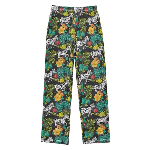 Zebra Hibiscus Floral Boys Long Pants Soft Trousers Elastic Waist Kids Lounge Bottoms with Pockets S-XL