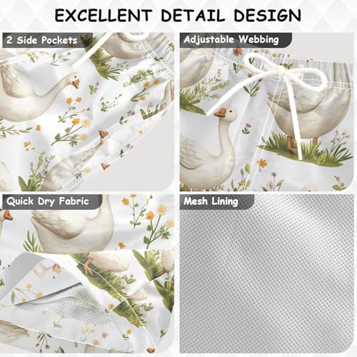 Pigsaly Boys' Swim Board Shorts Spring Flowers Grass White Geese Funny Goose Boy's Swim Trunks Kids Swimwear S3
