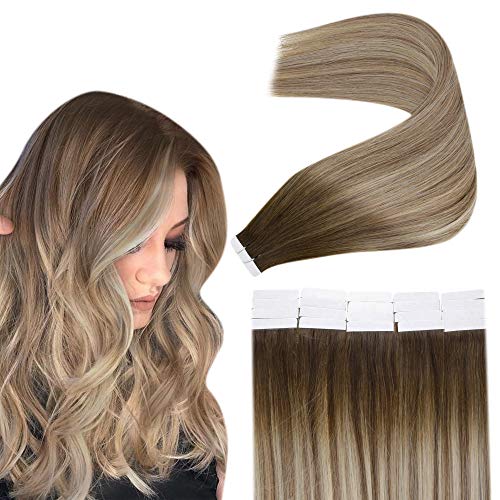 Easyouth Human Hair Tape in Hair Extensions Remy Hair 16 Inch Tape in Color Dark Brown Fading to Golden Blonde Highlighted Ash Brown Hair Extensions for Woman 40g 20 Pieces