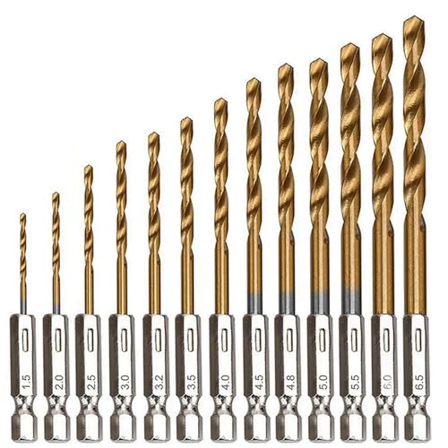 Bestgle 13Pcs 1/4 Hex Shank HSS Titanium Coated Twist Drill Bit Set for Drill Wood Metal Plastic 1.5mm-6.5mm