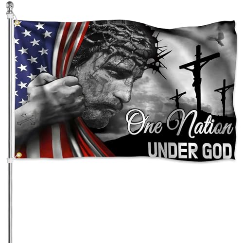 One Nation Under God Outdoor Flag 3x5 Ft Christian American Flag with Jesus Christ On It with 2 Brass Grommets Jesus flags for House Yard Outside Faith Patriotic Sign Banner Decoration