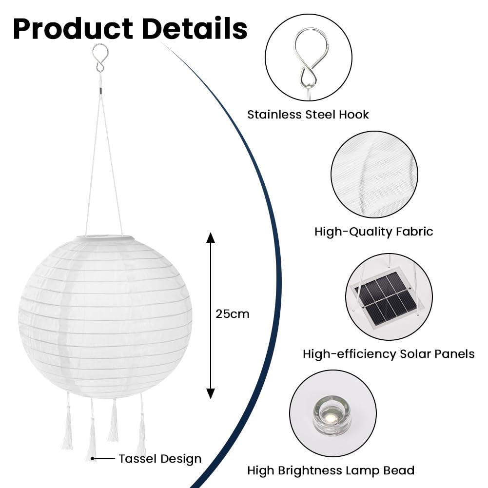 HOTUT Solarne Latarnie Zewnętrzne Odporne na Warunki Atmosferyczne, 2 sztuki 30 cm Solarna Latarnia LED z 4 chwostami, IP65 Wodoodporna Wisząca Latarnia Nylonowa do Ogrodów (Ciepła Biel)