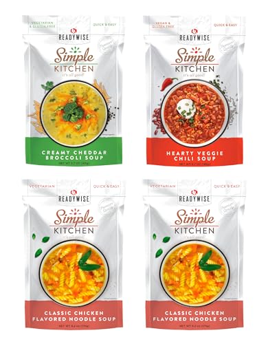 Image of READYWISE - Simple Kitchen, Soup Variety Pack, 4 Resealable Pouches, 16 Servings, Chicken Noodle Soup, MRE, Survival Food, Hiking, Camping & Backpacking Meals, Soup