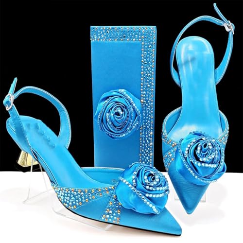 Women’S Handmade Flower Design Pumps and Bag Set for Wedding Party Satin Slingbacks with Bordered Pattern2