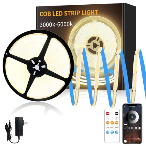 Image of 50FT COB LED Strip Lights 3000K Warm White Dimmable DC 24V Flexible LED Tape Light for Bedroom, with Remote and App Control LED Light Strip,for DIY Home Decoration