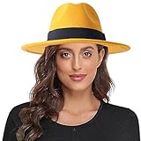 Lanzom Women Wide Brim Warm Wool Fedora Hat Retro Style Belt Panama Hat (Yellow, One Size)