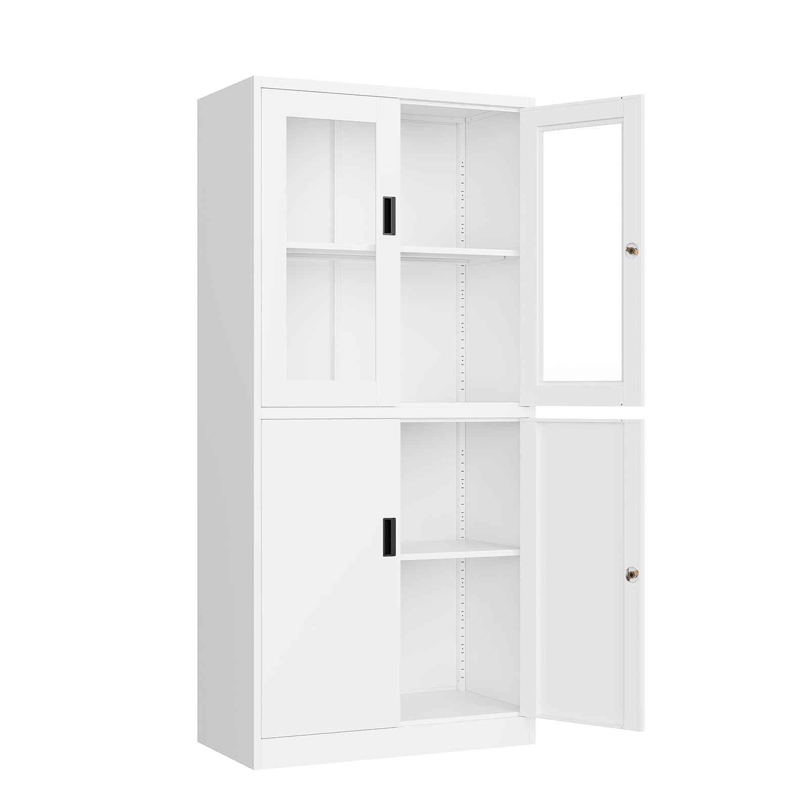 Yizosh Metal Storage Cabinet with Glass Doors - 71" Locking Display Cabinet with 2 Adjustable Shelves, 4-Tier Tall Steel Locker for Kitchen, Living Room, Dining Room (White)