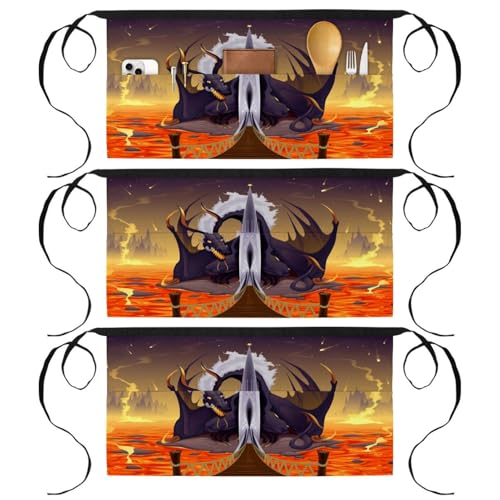 Lot de 3 tabliers courts de chef à 3 poches pour cuisine et bistrot motif dragon de lave