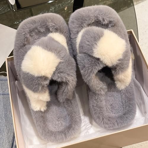 Harssidanzar Womens Fuzzy Slides Fluff Faux Fur Color Cross Slippers Open Toe House Slipper Sandals Indoor/Outdoor KL511US3