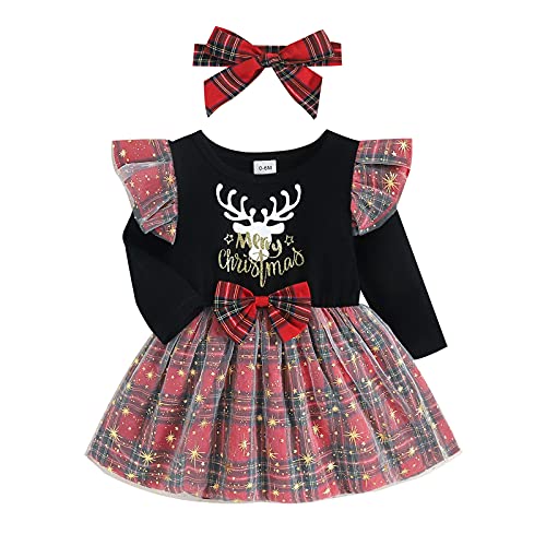 2 Pezzi Completo Natale Bambina Abito in Tulle Stampato Cervo Plaid ‘Merry Christmas ' Manica Lunga Volant+Fascia 0-24 Mesi (Nero, 18-24 Mesi)