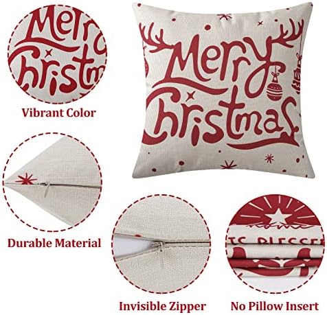 Hapterouse Christmas Cushion Covers Sofa Cushions Christmas Decorations Snowflakes Christmas Tree Lights Reindeer Pillow Covers Square Pillowcase for Couch Car, Red and White 18x18inch Set of 4