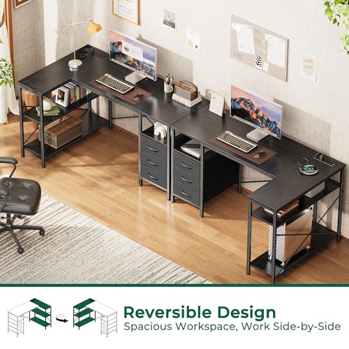 Huuger L Shaped Office Desk with Power Outlets, 47 Inch Computer Desk with 3 Drawers, Shelves, for Gaming, Corner Work, Home Office, Study, Black