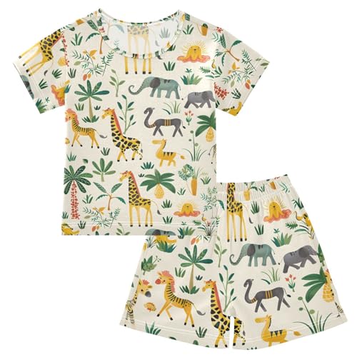 ALAZA Giraffe Elephant Pajamas Short Sleeve 2 Piece Sleepwear Top and Bottom Pajama Set Unisex