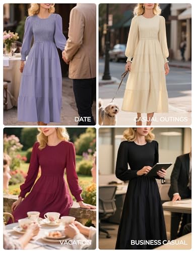GRACE KARIN Women's Long Sleeve Casual Dress 2025, Fall A Line Flowy Dress, Maxi Smocked Tiered Dresses with Pockets3