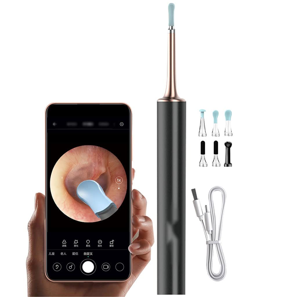 Otoscopio Para El Oido Limpiador De Oídos Con Cámara, Artefacto Para Apretar El Acné, Kit De Eliminación De Cera Del Oído Con Luz LED, Oído Scoop Para IOS Y Android(Black color)