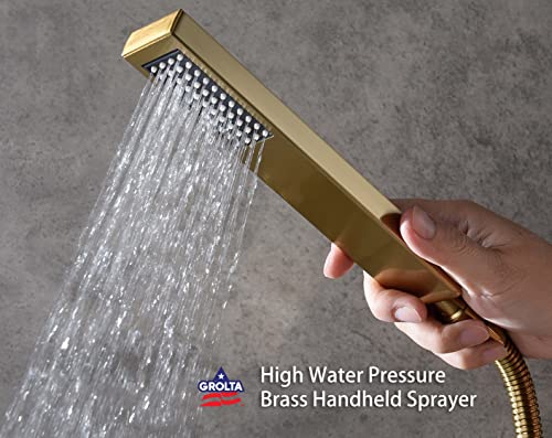 Brushed Gold Wall Mounted 12 Inch Rainfall Shower Head 3 Way Thermostatic Shower Faucet With 6 Body Jets Each Function Work All Together And Separately #TOP4