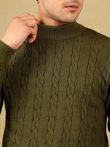 Image of Kvetoo Men's High Neck Cable Knit Sweater | Winter Pullover | Warm Wool Blend |Casual Full Sleeve Sweater for Men | Stylish Ribbed Neck Slim Fit Winterwear