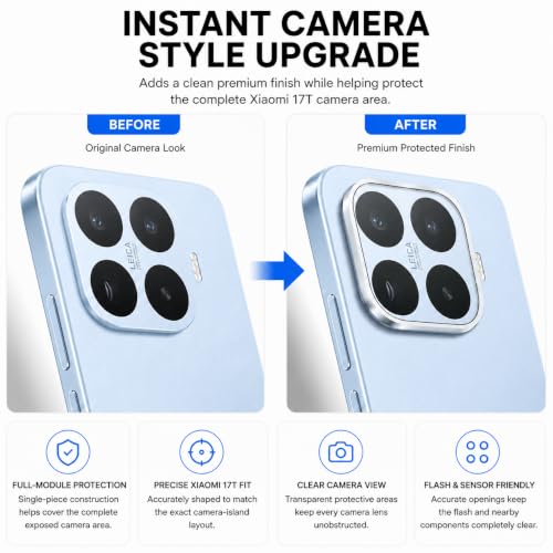 Image of FIRST MART Silver Camera Ring Guard Protector for Xiaomi 17T | Tempered Glass with Metal Alloy Rings, HD Clear, Scratch Resistant, Case-Friendly | Pack of 1