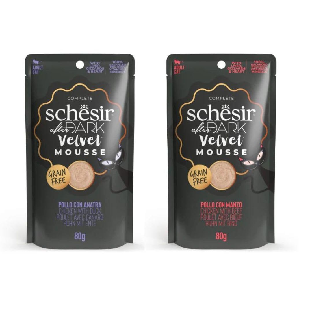 Schesir After Dark | Mokra karma dla kotów, odmiana Velvet Mousse | 2 sztuki, 24 x 80 gr, mus kurczak z jajkiem koDORNIZ + Mus Kurczak z Jajkiem Kodarowym + Mus Kurczak z Wołowiną)