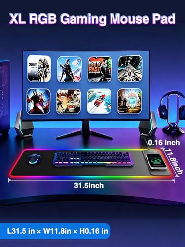 Image of XL RGB LED Gaming Mouse Pad with 15W Magnetic Wireless Charging | 31.5'' x 11.8'' Large Desk Mat, 24 Lighting Effects Keyboard Pad with Non-Slip Rubber Base, Waterproof Easy Gliding Surface